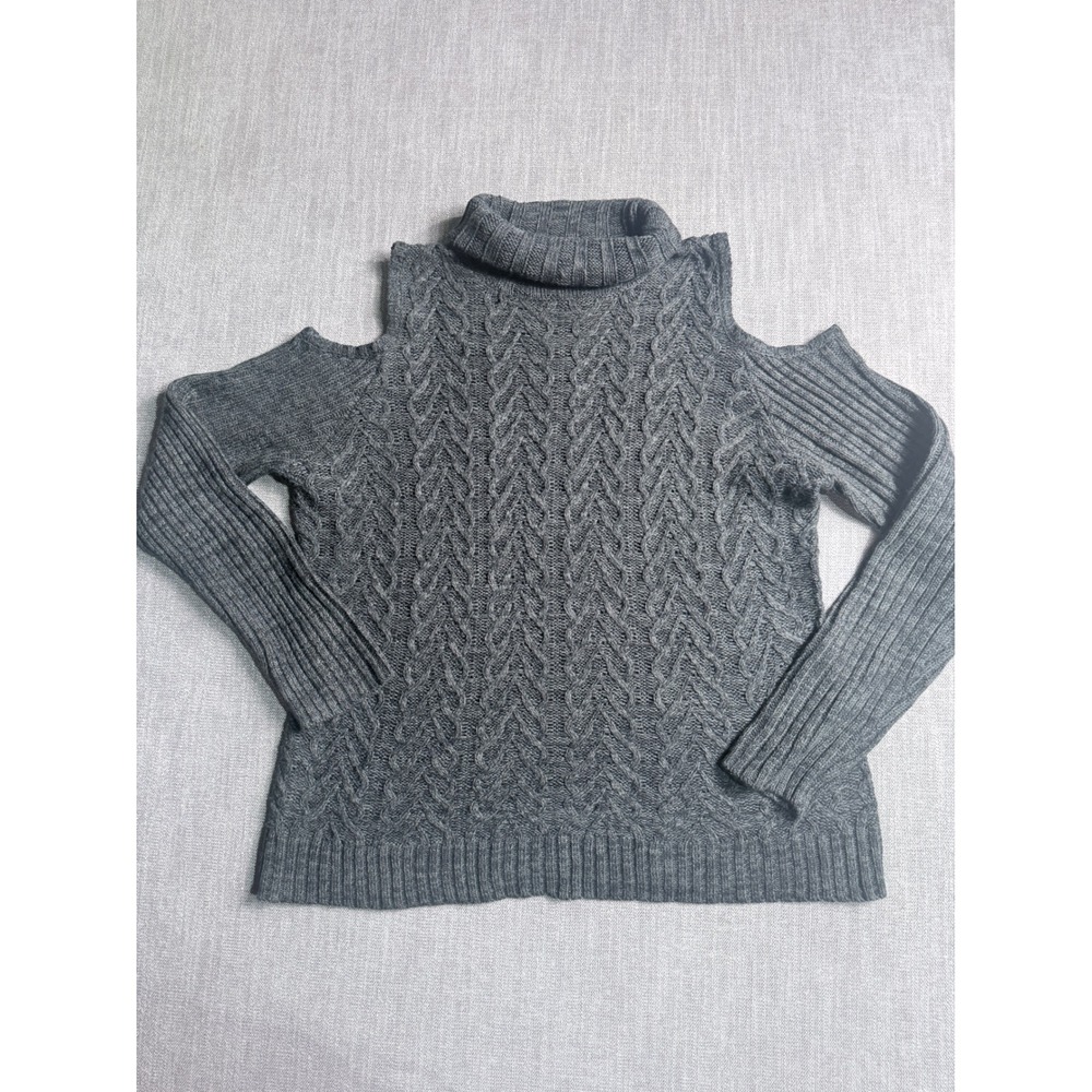 Faded Glory Womens XXL Gray Cable Knit Cold Shoulder Turtleneck Sweater Top
